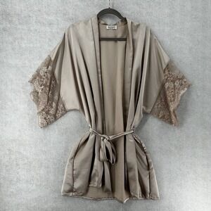 Vtg 80s Lucie Ann Robe Women LARGE Lace Arms Satin Taupe Dressing Wedding Frilly